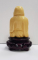 BUDDHA RAZAND , STATUETA DIN FILDES PE SOCLU DIN LEMN , CHINA , SECOLUL XX