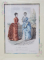 GRAVURA COLORATA MANUAL  - DOUA DOAMNE IN ROCHII  PE BALCON  , RECLAMA JURNALULUI  ' LA MODE ILLUSTREE , PARIS , 1884