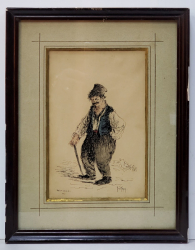 BARBAT CU BASTON PE DEALUL SPIREI  , GRAFICA  de CONSTANTIN  JIQUIDI 1865 - 1899  , DATAT 1889