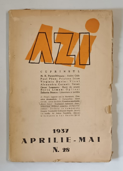 AZI , REVISTA LUNARA , LITERARA , ARTISTICA , SOCIALA, NR. 28 , APRILIE  - MAI , 1937 , COPERTI UZATE