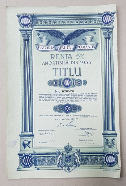 ' DATORIA PUBLICA A ROMANIEI ' TITLU DE 10.000 DE LEI , EMIS IN 28 IULIE 1936