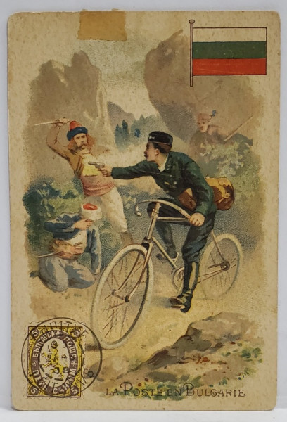 ' LA POSTE EN  BULGARIE ' , POSTAS ATACAT DE TALHARI ,  CARTOLINA DE RECLAMA A FIRMEI DE FURNITURI DE MODE  ' LA POMUL DE AUR  ' ISIDOR FUHN , LIPSCANI , BUCURESTI , TEXT IN LIMBA ROMANA , CROMOLITOGRAFIE, INTERBELICA