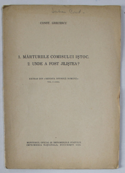 1. MARTURIILE COMISULUI ISTOC , 2. UNDE A FOST JILISTEA ? de CONST. GEORGESCU , 1939