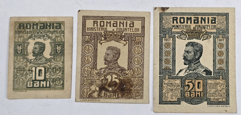10 Bani, 25 Bani, 50 Bani, 1917, Lot de trei bancnote, Circulate