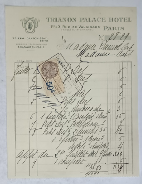 10.CHITANTA ELIBERATA  FAMILIILOR  DOCTORULUI CONSTANTIN DANIEL SI ANTON CARP ,  DE HOTELUL  ' TRIANON  PALACE ' DIN PARIS , 1932