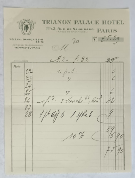 20.CHITANTA ELIBERATA  FAMILIEI  ANTON CARP ,  DE HOTELUL  ' TRIANON  PALACE ' DIN PARIS , 1932