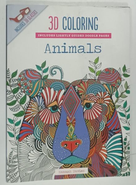 3 D COLORING ANIMALS , INCLUDES LIGHTY GUIDED DOODLE PAGES  by HANNAH DAVIES , 2015,  OCHELARI 3 D  INCLUSI