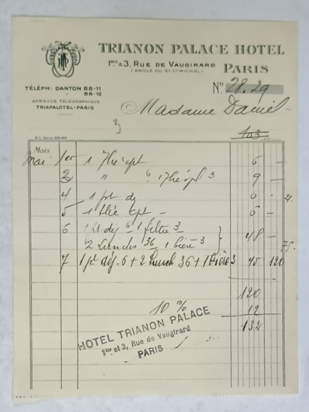 3.CHITANTA ELIBERATA  FAMILIEI DOCTORULUI CONSTANTIN DANIEL DE HOTELUL  ' TRIANON  PALACE ' DIN PARIS , 1932