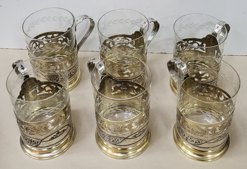 6 suporturi din argint si pahare din cristal pentru ceai, Rusia, Secol 20