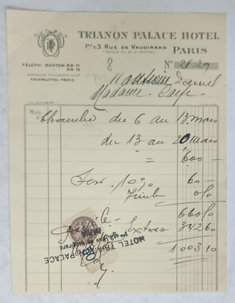 8.CHITANTA ELIBERATA  FAMILIILOR  DOCTORULUI CONSTANTIN DANIEL SI ANTON CARP ,  DE HOTELUL  ' TRIANON  PALACE ' DIN PARIS , 1932