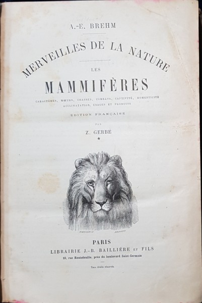 A. E. BREHM, MERVEILLES DE LA NATURE, LES MAMMIFERES par Z. GERBE - PARIS, 1891