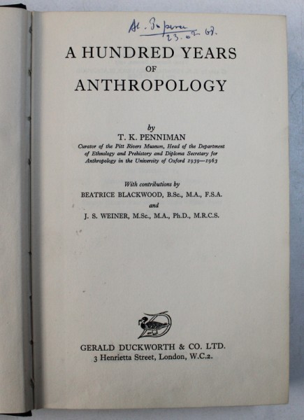 A HUNDRED YEARS OF ANTHROPOLOGY by T. K. PENNIMAN , 1965