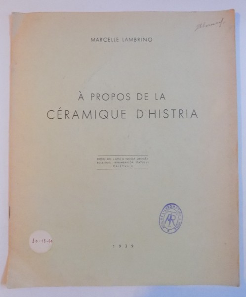 A PROPOS DE LA CERAMIQUE D'HISTRIA par MARCELLE LAMBRINO  1939