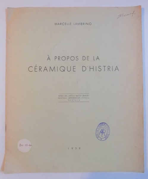 A PROPOS DE LA CERAMIQUE D'HISTRIA par MARCELLE LAMBRINO  1939