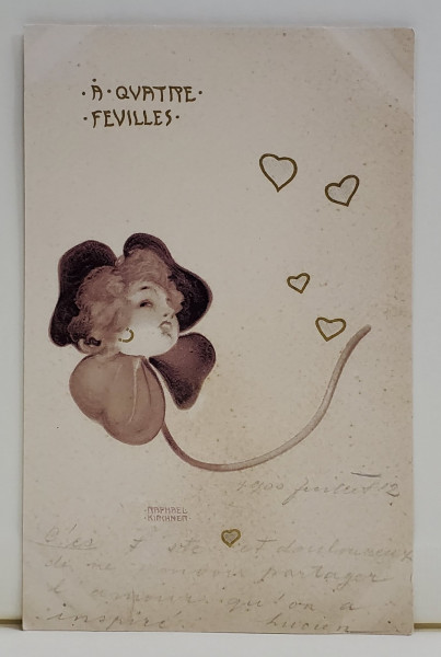 A QUATRE FEUILLES  , CROMOLITOGRAFIE DUPA O GRAVURA de  RAPHAEL KIRCHNER , CARTE POSTALA , CLASICA