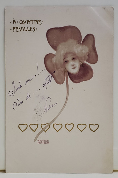 A QUATRE FEUILLES  , TANARA CU TRIFOI CU PATRU FOI ,  CROMOLITOGRAFIE DUPA O GRAVURA de  RAPHAEL KIRCHNER , CARTE POSTALA , CLASICA