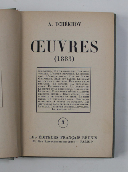A. TCHEKHOV - OEUVRES DE 1883 , APARUTA 1952