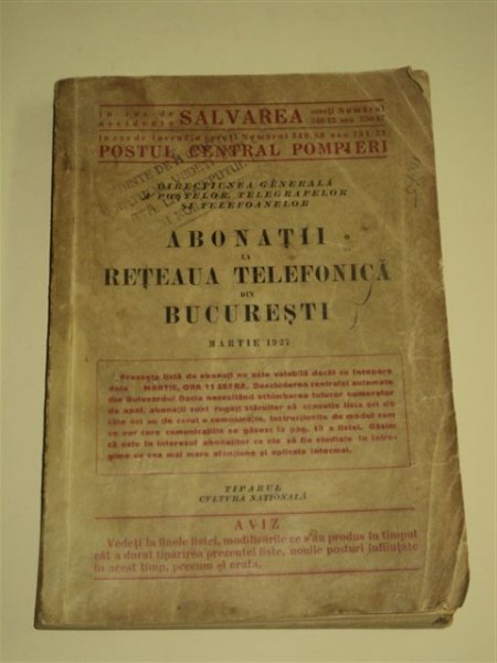 ABONATII LA  RETEAUA TELEFONICA DIN BUCURESTI, MARTIE 1927
