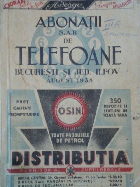 ABONATII TELEFOANE BUCURESTI SI JUD. ILFOV AUGUST 1938