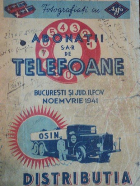 ABONATII TELEFOANE BUCURESTI SI JUD. ILFOV NEOMBRIE 1941