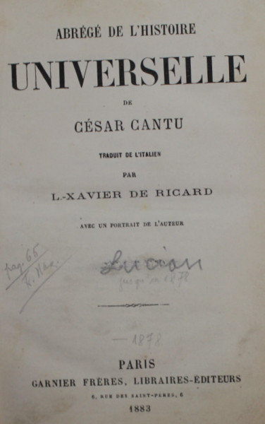 ABREGE DE L 'HISTOIRE UNIVERSELLE par CESAR CANTU , 1883, SUBLINIATA