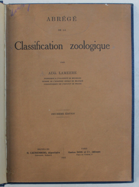 ABREGE DE LA CLASSIFICATION ZOOLOGIQUE par AUG. LAMEERE , 1931