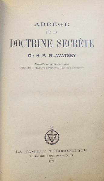 ABREGE DE LA DOCTRINE SECRETE par H. - P . BLAVATSKY , 1923