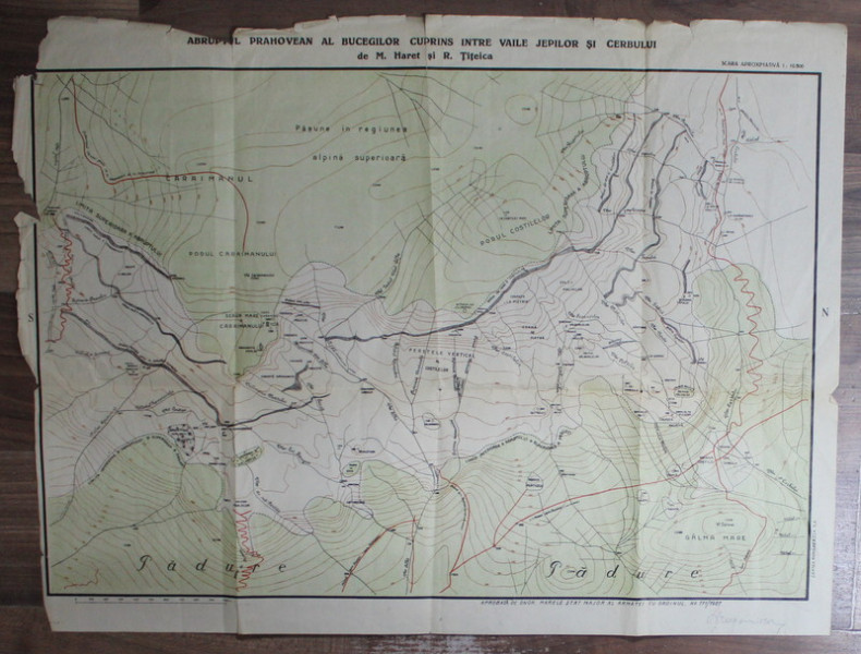 ABRUPTUL PRAHOVEAN AL BUCEGILOR CUPRINS INTRE VAILE JEPILOR SI CERBULUI de M. HARET si R. TITEICA , SCARA 1: 10.500 , APARUTA 1927