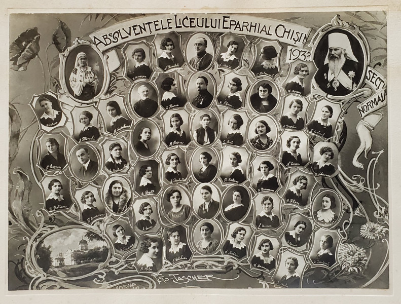 ABSOLVENTELE LICEULUI EPARHIAL CHISINAU , SECTIA NORMALA , FOTOGRAFIE DE GRUP , IN MEDALIOANE , 1933