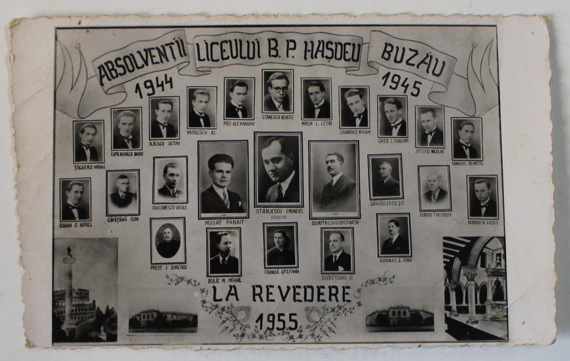 ABSOLVENTII LICEULUI B.P. HASDEU , BUZAU , PROMOTIA 1944 -1945 , CARTE POSTALA  ILUSTRATA , ANUL 1945