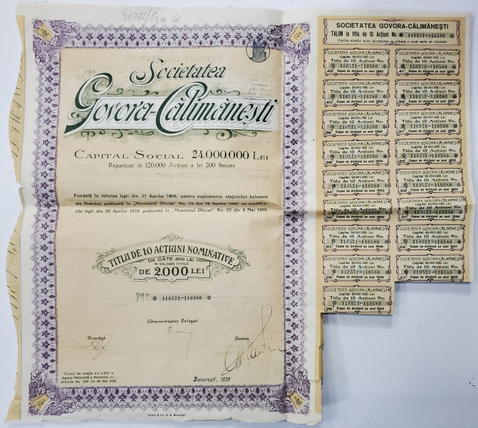 ACTIUNE  '' SOCIETATEA GOVORA - CALIMANESTI '' , TITLU DE 10 ACTIUNI NOMINATIVE IN VALOARE TOTALA DE 2000 LEI , BUCURESTI , 1939