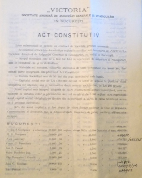 ACTUL CONSTITUTIV AL SOCIETATII ANONIME DE ASIGURARI GENERALE SI REASIGURARI ,  VICTORIA , BUCURESTI