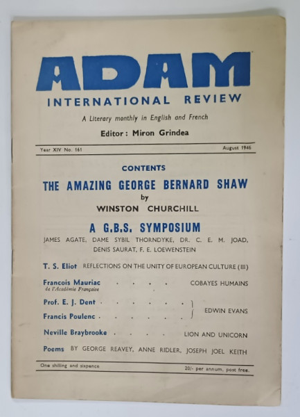 ADAM INTERNATIONAL REVIEW , A LITERARY MONTHLY IN ENGLISH AND FRENCH , EDITOR MIRON GRINDEA , No. 161 , 1946
