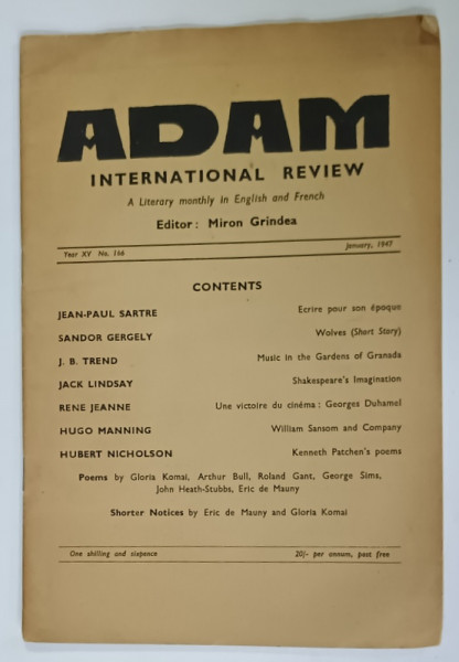 ADAM INTERNATIONAL REVIEW , A LITERARY MONTHLY IN ENGLISH AND FRENCH , EDITOR MIRON GRINDEA , No. 166 , 1947