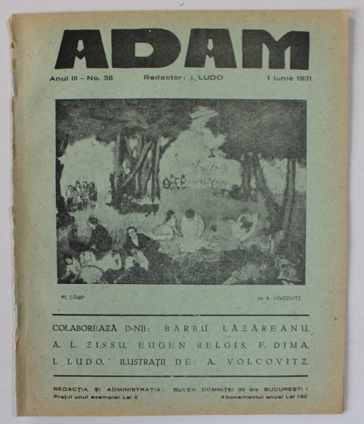 ADAM , REVISTA , redactor I. LUDO , NR. 38 ,  1931