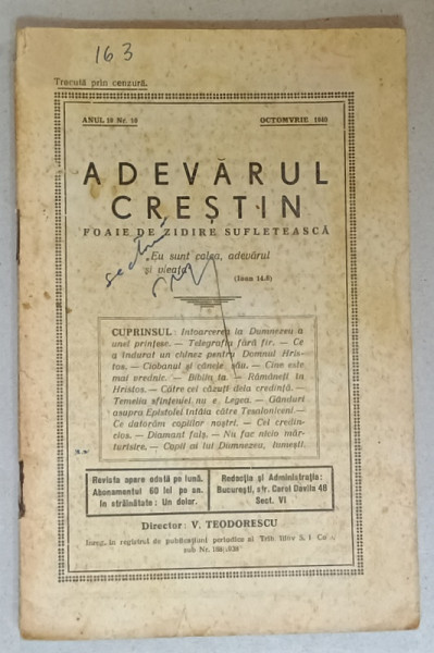 ADEVARUL CRESTIN , FOAIE DE ZIDIRE SUFLETEASCA , NR. 10 , OCTOMBRIE , 1940