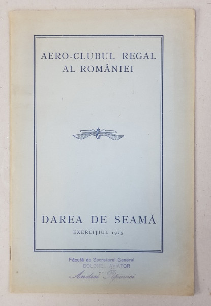 AERO - CLUBUL REGAL AL ROMANIEI  - DAREA DE SEAMA , EXERCITIUL 1925