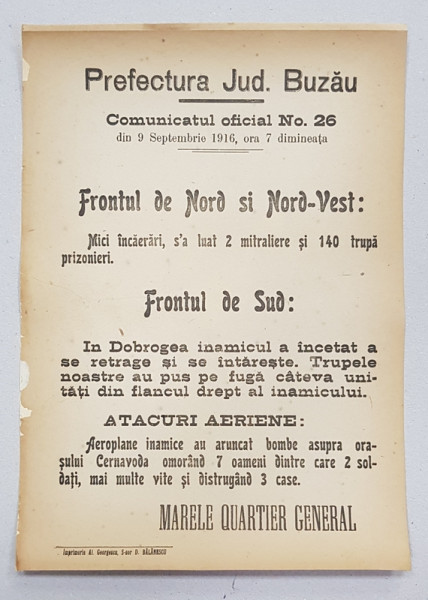 AFIS DIN TIMPUL PRIMULUI RAZBOI MONDIAL , 9 SEPTEMBRIE ,  1916