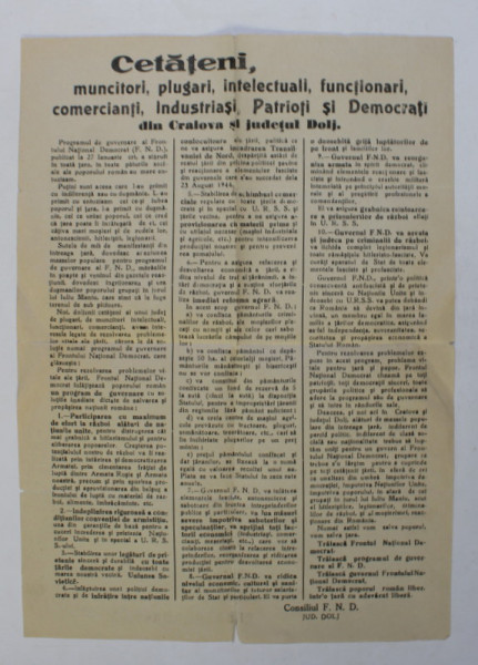 AFIS ELECTORAL ALCONSILIULUI  FRONTULUI NATIONAL DEMOCRAT , JUDETUL DOLJ , ANII '40