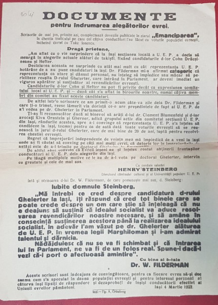 AFIS ELECTORAL - DOCUMENTE PENTRU INDRUMAREA ALEGATORILOR EVREI , WILHELM FILDERMAN , 1922