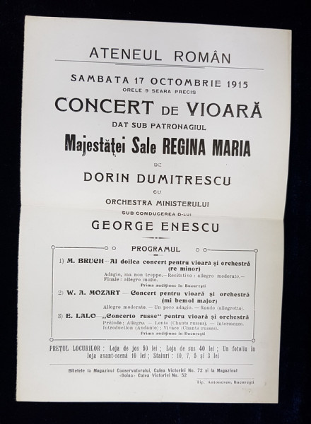 AFIS PROGRAM AL ATENEULUI ROMAN , CONCERT DE VIOARA DIRIJAT de GEORGE ENESCU , 17 OCT. 1915