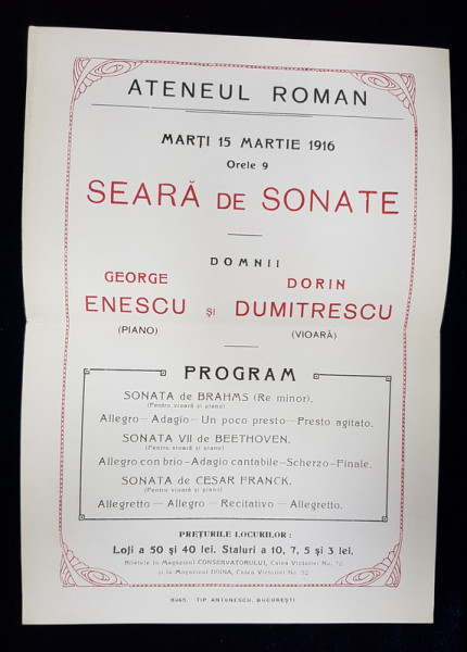 AFIS PROGRAM AL ATENEULUI ROMAN , SEARA DE SONATE , cu GEORGE ENESCU si DORIN DUMITRESCU , 15 MARTIE 1916