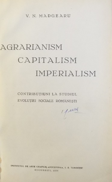 Agrarianism, capitalism, imperialism, V. Madgearu, Bucuresti 1936