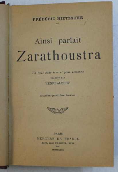 AINSI PARLAIT ZARATHOUSTRA par FREDERIC NIETZSCHE , 1939