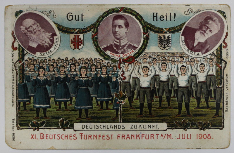 AL XI - LEA FESTIVAL AL GIMNASTICII , FRANKFURT , 1908 , CARTE POSTALA CU TEXT IN LIMBA GERMANA  , CROMOLITOGRAFIE , DATATA 1908