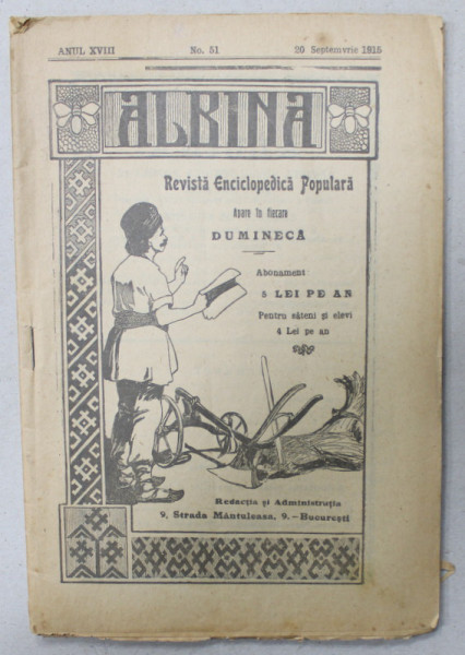 ALBINA , REVISTA ENCICLOPEDICA POPULARA , ANUL XVIII , No. 51 , 1915