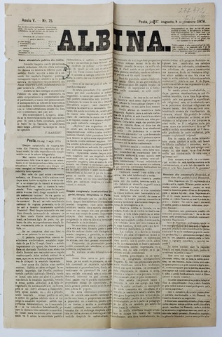 ALBINA , ZIAR , ANUL V , NR. 75 , JOI 27 AUGUST / 8 SEPTEMBRIE 1870
