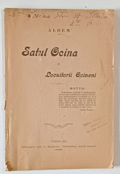 ALDEM, SATUL OCINA SI LOCUITORII OCINENI , TARGU JIU ,1905