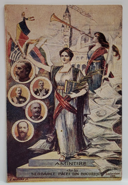ALEGORIE , AMINTIRE DE LA SERBARILE PACII , BUCURESTI , CARTE POSTALA ILUSTRATA , 1913