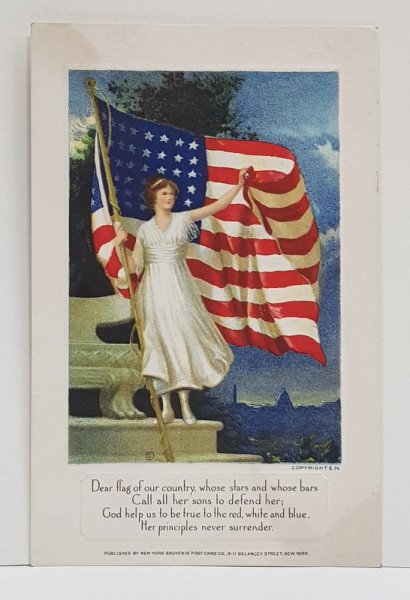 ALEGORIE CU PERSONAJ FEMININ SI STEAGUL AMERICAN , INSOTITA DE TEXT ,CARTE POSTALA  EMBOSATA , NECIRCULATA